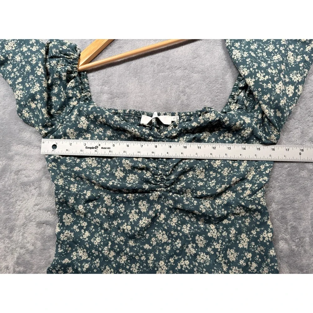 ASTR The Label Crop Top Womens XL Teal Floral Ruffle Puff Sleeve Sweetheart Neck